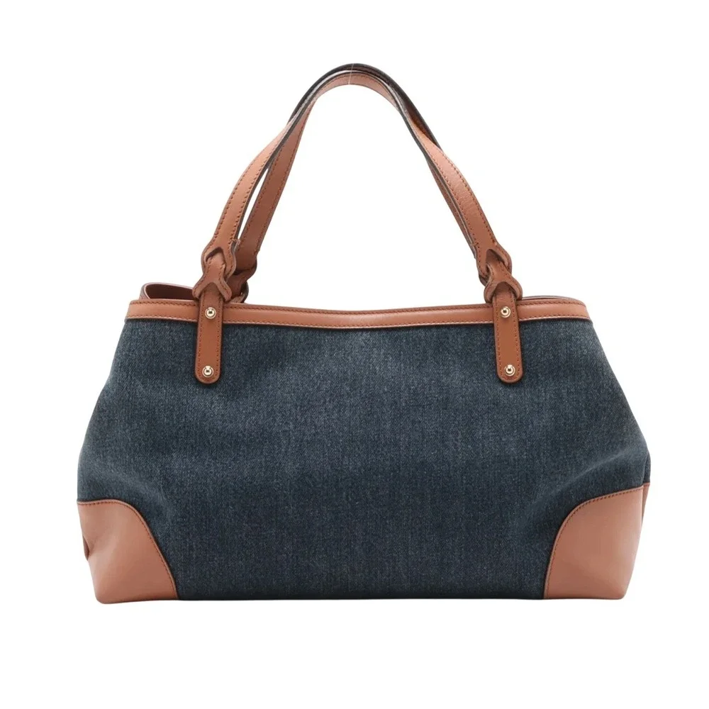 GUCCI Craft Logo Navy Denim & Tan Leather Tote Bag - Picture 2 of 5